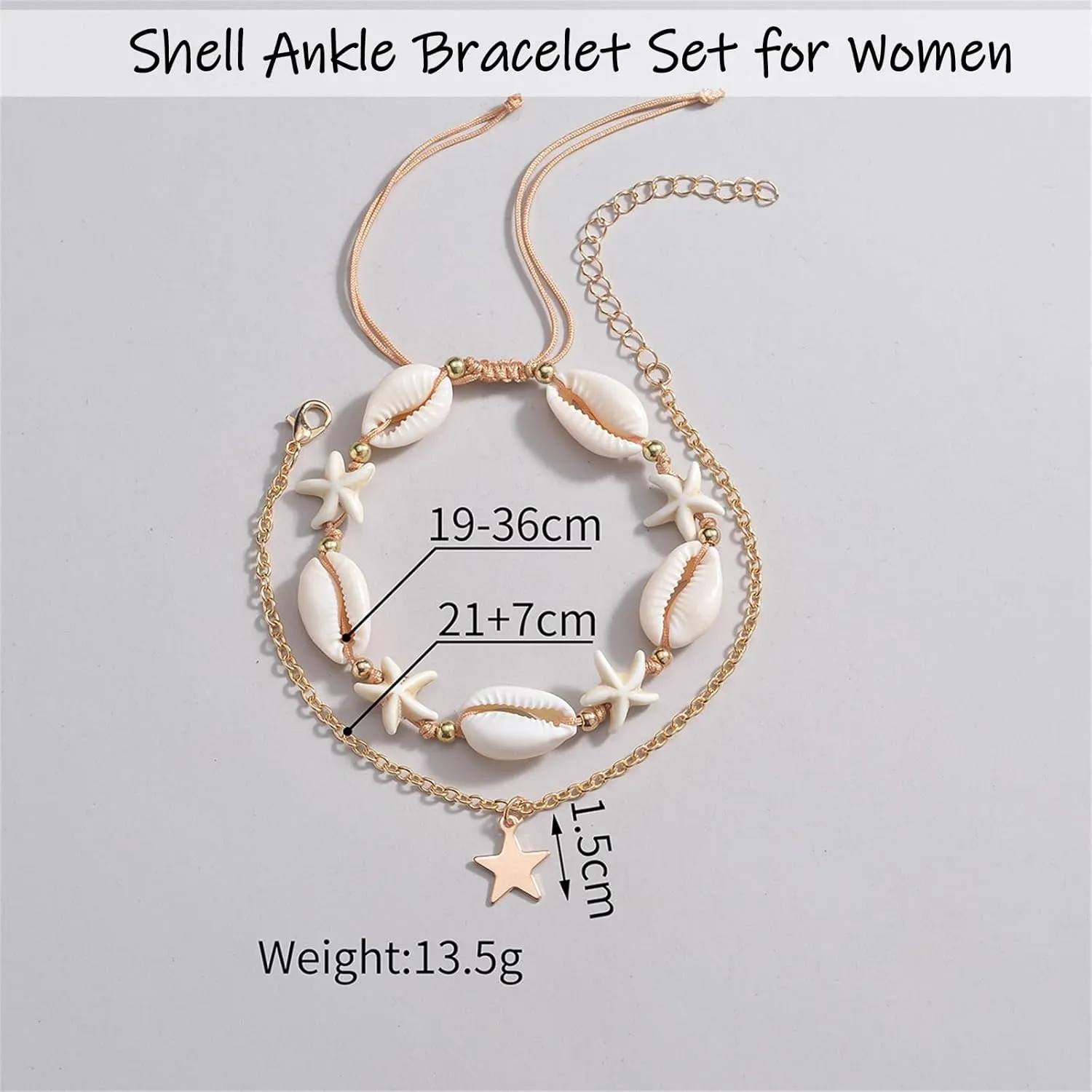 Shell Ankle Bracelet Set for Women,Boho Adjustable Beads Anklet Pack Natural White Shells Stack Stretch Seashell Pearl Starfish Bracelet Set Hawaiian Beach Vacation Foot Jewelry