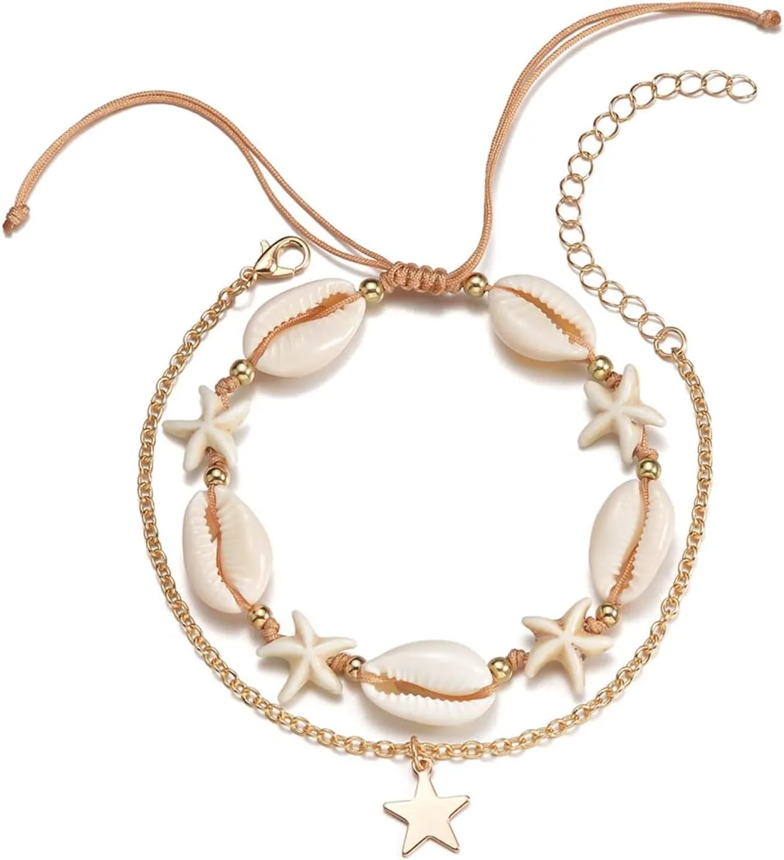 Shell Ankle Bracelet Set for Women,Boho Adjustable Beads Anklet Pack Natural White Shells Stack Stretch Seashell Pearl Starfish Bracelet Set Hawaiian Beach Vacation Foot Jewelry