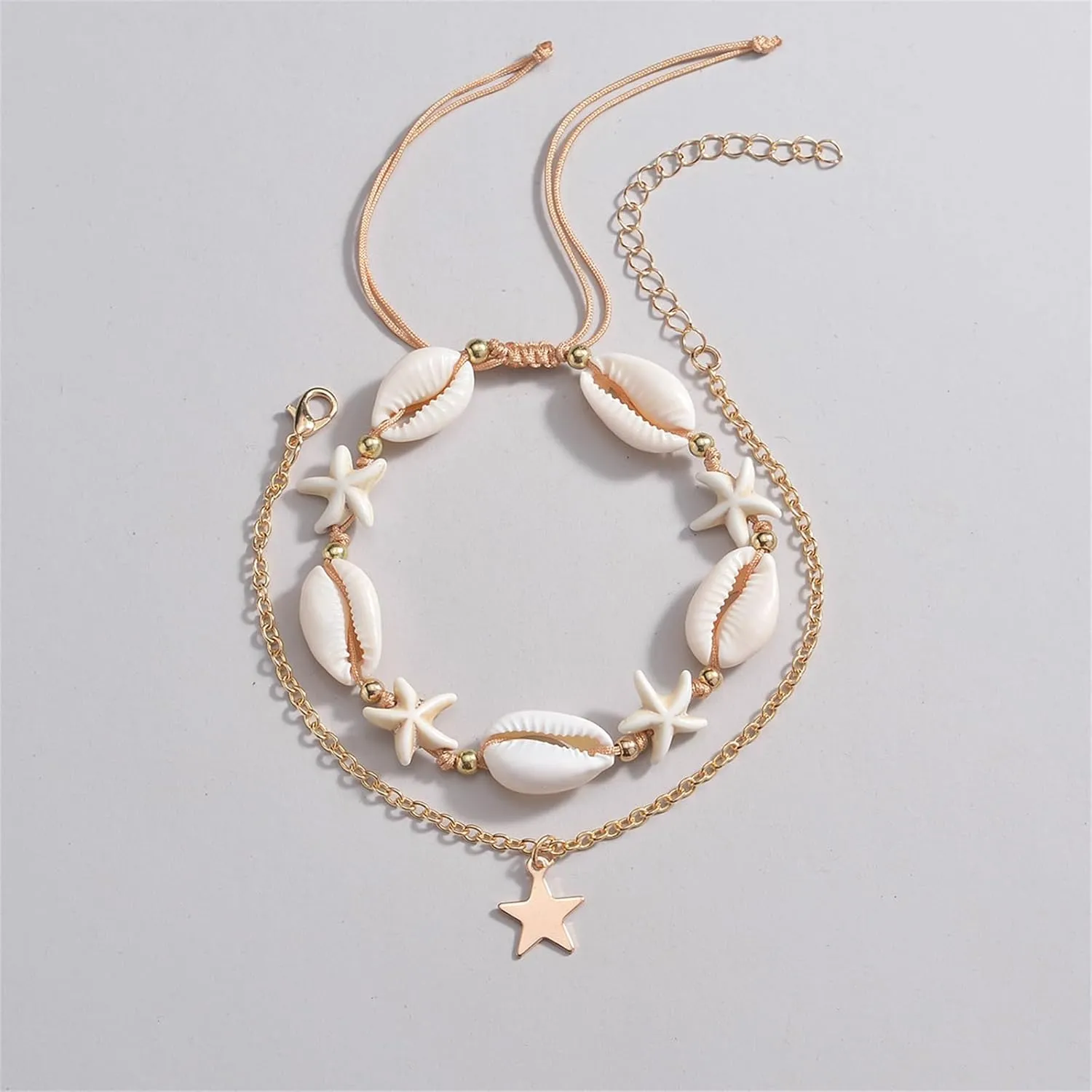 Shell Ankle Bracelet Set for Women,Boho Adjustable Beads Anklet Pack Natural White Shells Stack Stretch Seashell Pearl Starfish Bracelet Set Hawaiian Beach Vacation Foot Jewelry