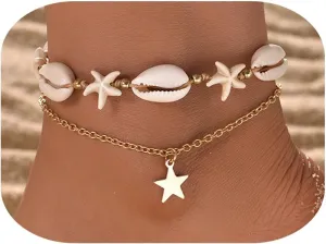 Shell Ankle Bracelet Set for Women,Boho Adjustable Beads Anklet Pack Natural White Shells Stack Stretch Seashell Pearl Starfish Bracelet Set Hawaiian Beach Vacation Foot Jewelry