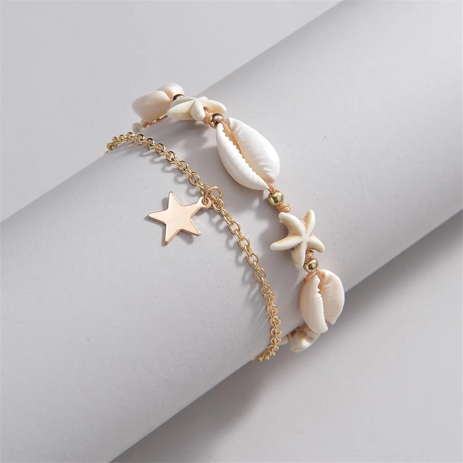 Shell Ankle Bracelet Set for Women,Boho Adjustable Beads Anklet Pack Natural White Shells Stack Stretch Seashell Pearl Starfish Bracelet Set Hawaiian Beach Vacation Foot Jewelry