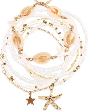 Shell Anklets for Women, Beaded Ankle Bracelets Set Cowrie Seashell Pearl Starfish Star Adjustable Anklets Boho Waterproof Beach Foot Jewelry Summer Stuff Accessories for Women