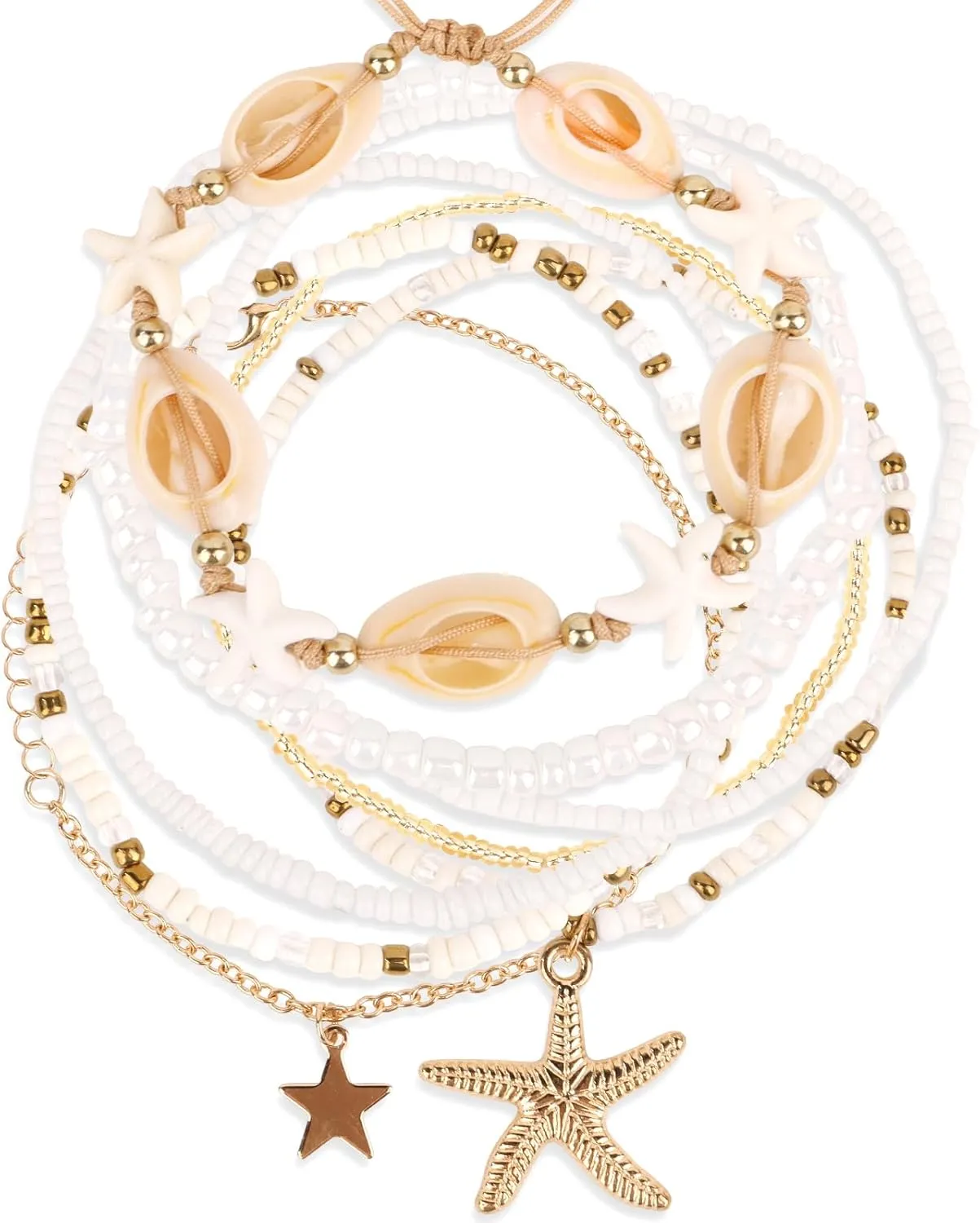 Shell Anklets for Women, Beaded Ankle Bracelets Set Cowrie Seashell Pearl Starfish Star Adjustable Anklets Boho Waterproof Beach Foot Jewelry Summer Stuff Accessories for Women