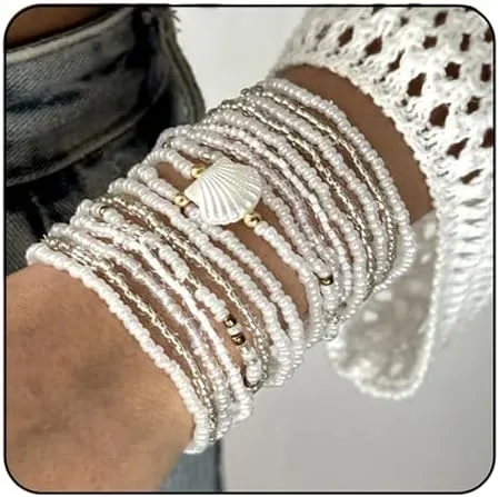 Shell Beaded Bracelet for Women Boho Colorful Beads Bracelets Adjustable Elastic Beach Jewelry Bohemian Stackable Summer Bracelets Tropical Charm Bracelet Beach Vacation Accessories for Women