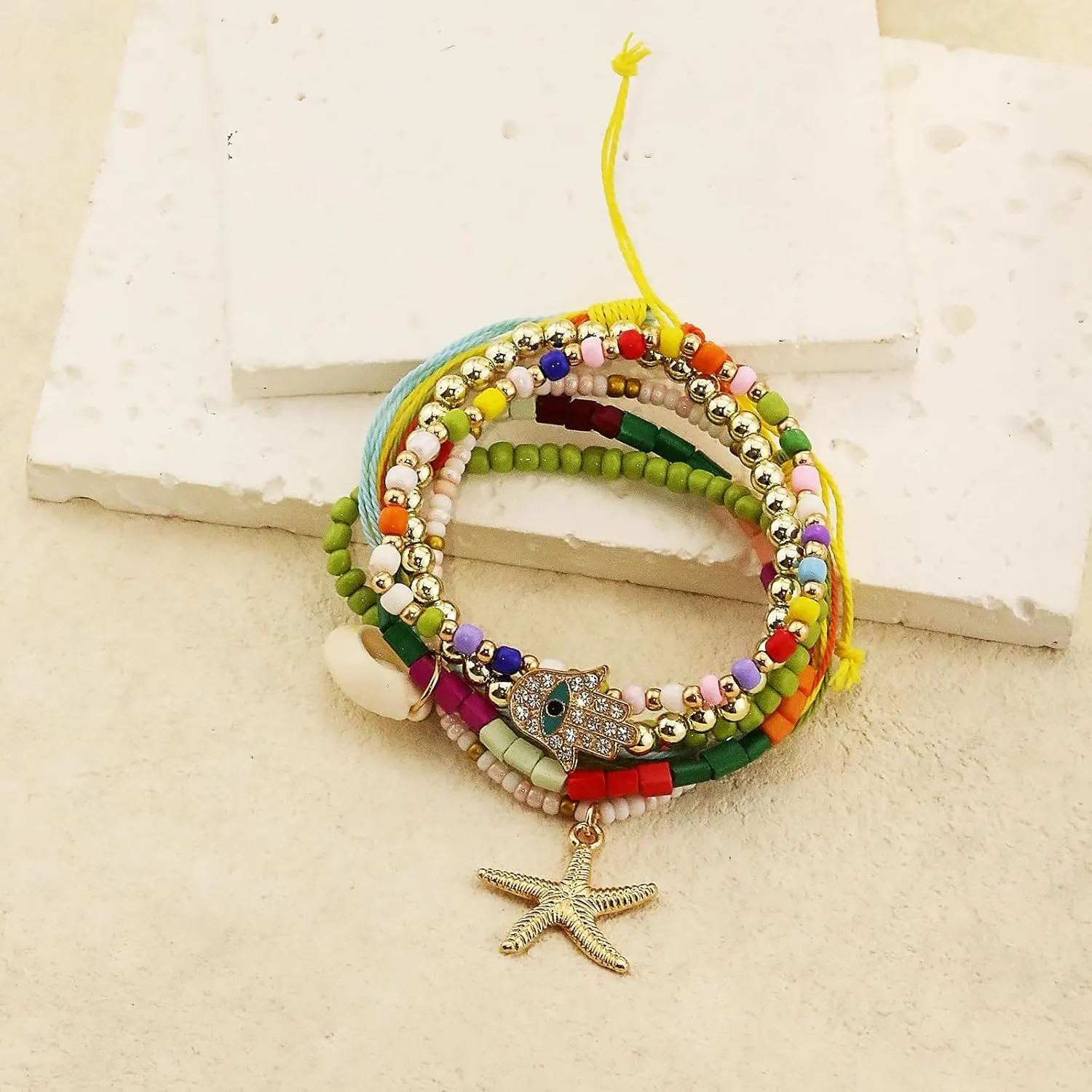 Shell Bracelet Boho Beaded Layered Starfish Bracelets Seashell Stretch Bead Bracelets Conch Summer Beach Devil's Eye Charm Bracelets Stack Jewelry for Women