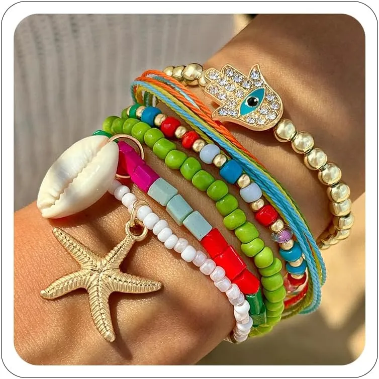 Shell Bracelet Boho Beaded Layered Starfish Bracelets Seashell Stretch Bead Bracelets Conch Summer Beach Devil's Eye Charm Bracelets Stack Jewelry for Women