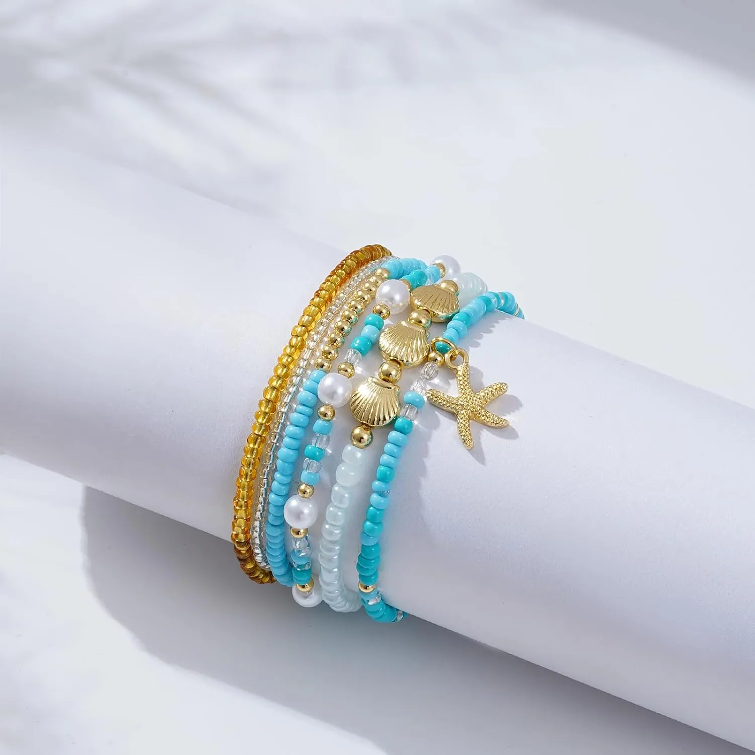 Shell Bracelet Boho Beaded Stretch Bracelets for Women Seashell Summer Beach Bracelets Starfish Charm Bracelet Stackable Gold Pearl Beads Bracelets for Women Jewelry Accessories Gifts