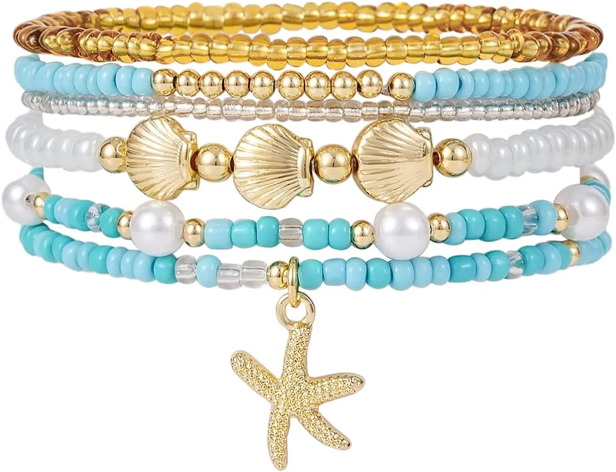 Shell Bracelet Boho Beaded Stretch Bracelets for Women Seashell Summer Beach Bracelets Starfish Charm Bracelet Stackable Gold Pearl Beads Bracelets for Women Jewelry Accessories Gifts