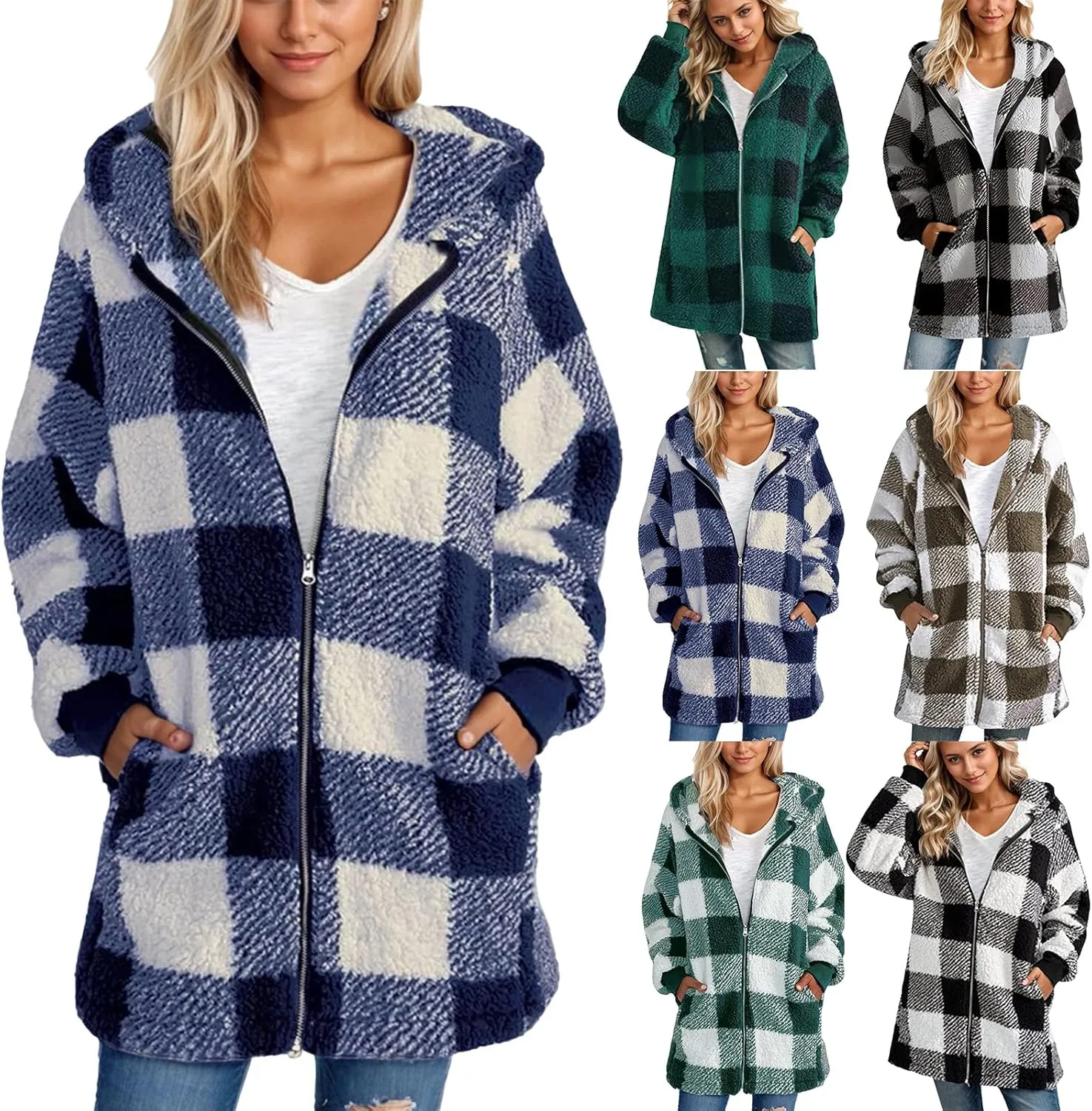 Sherpa Fleece Jacket Women Full Zip Up Plus Size Plaid Shacket Oversized Hooded Sweatshirt Trendy Winter Coat Outwear