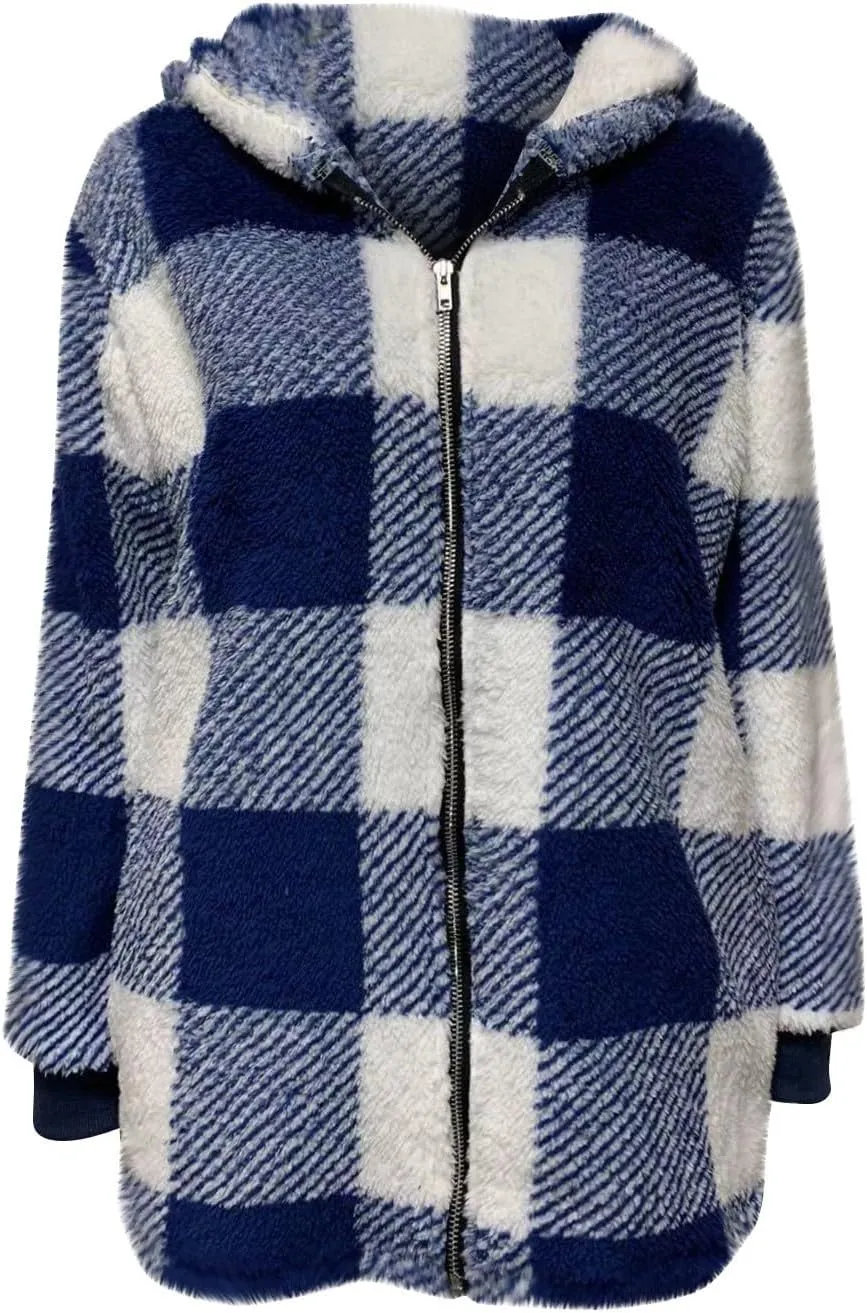Sherpa Fleece Jacket Women Full Zip Up Plus Size Plaid Shacket Oversized Hooded Sweatshirt Trendy Winter Coat Outwear