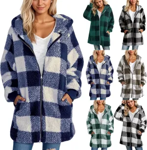 Sherpa Fleece Jacket Women Full Zip Up Plus Size Plaid Shacket Oversized Hooded Sweatshirt Trendy Winter Coat Outwear