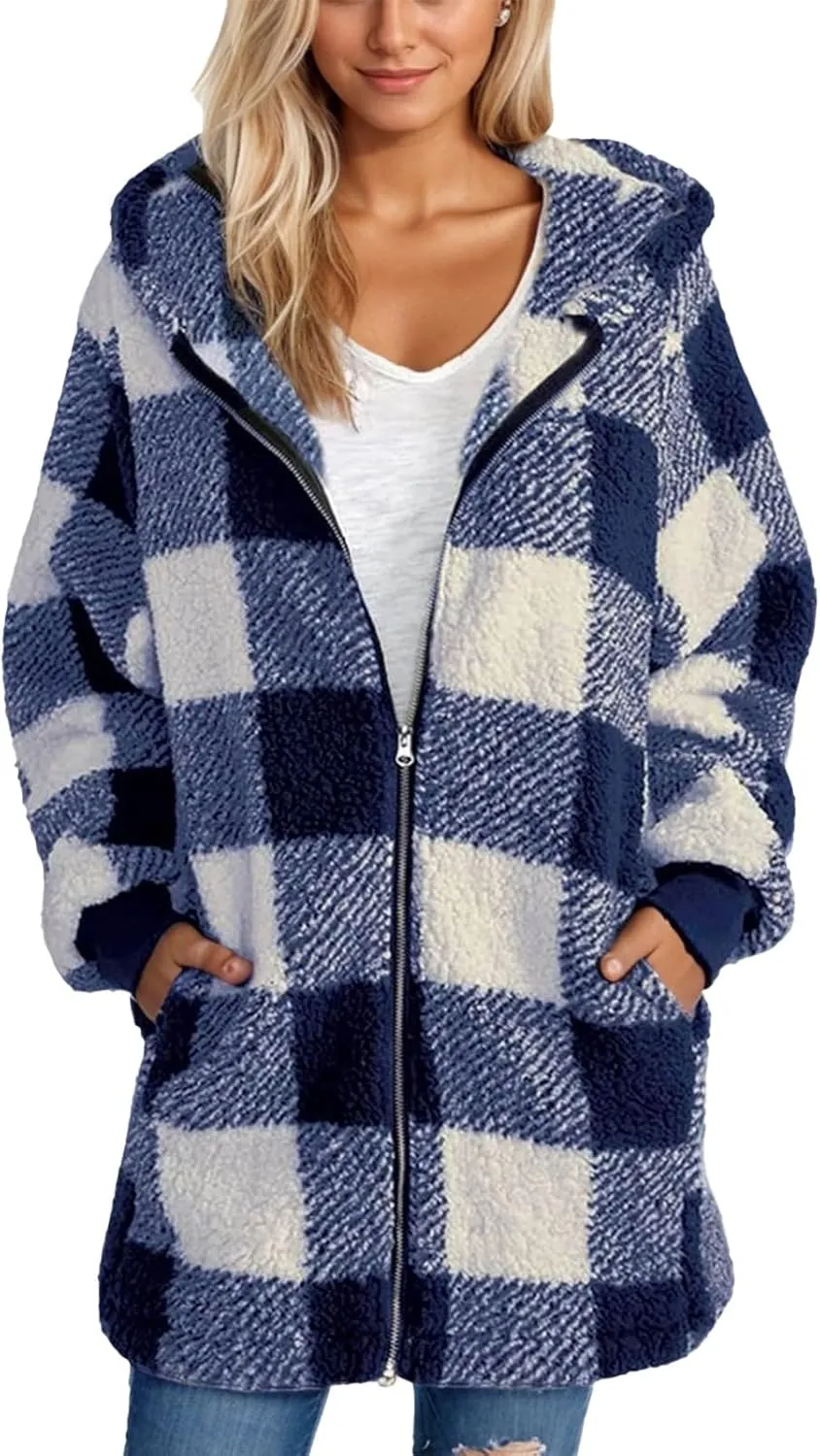Sherpa Fleece Jacket Women Full Zip Up Plus Size Plaid Shacket Oversized Hooded Sweatshirt Trendy Winter Coat Outwear
