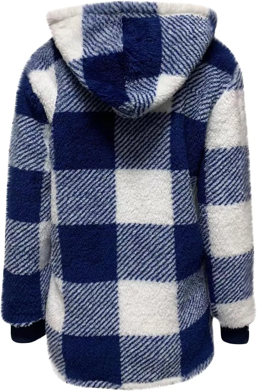 Sherpa Fleece Jacket Women Full Zip Up Plus Size Plaid Shacket Oversized Hooded Sweatshirt Trendy Winter Coat Outwear