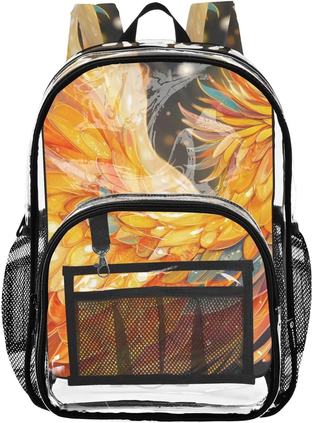 Shining Phoenix Clear Plastic Backpack - Transparent PVC Heavy Duty Bag with Large Main Pocket and Mesh Pockets - Ideal for School, Travel, Outings - Clear Backpack for School and Everyday Use