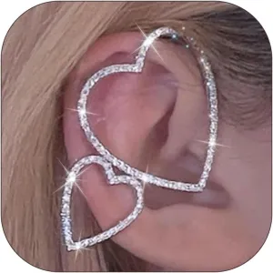 Silver Heart Ear Cuff Earrings Non Piercing Rhinestone Heart Clip on Earrings for Women Trendy Heart Earrings CZ Paved