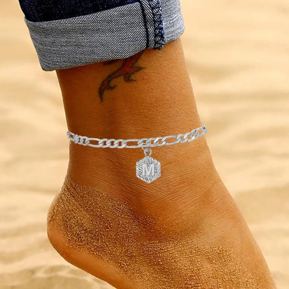 Silver Initial Anklets for Women Dainty Cuban Chain Ankle Bracelets for Teen Girls Letter Alphabet Foot Chain Jewelry Summer Jewelry Gift