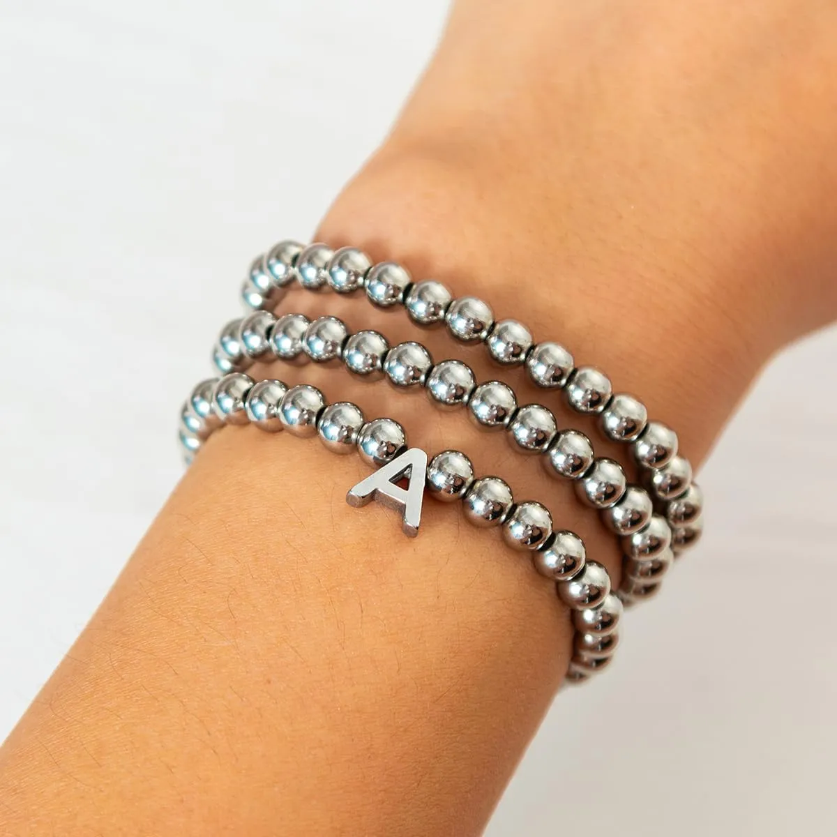 Silver Initial Cute A-Z Stretch Bead Stackable Bracelet with Letter Jewelry for women