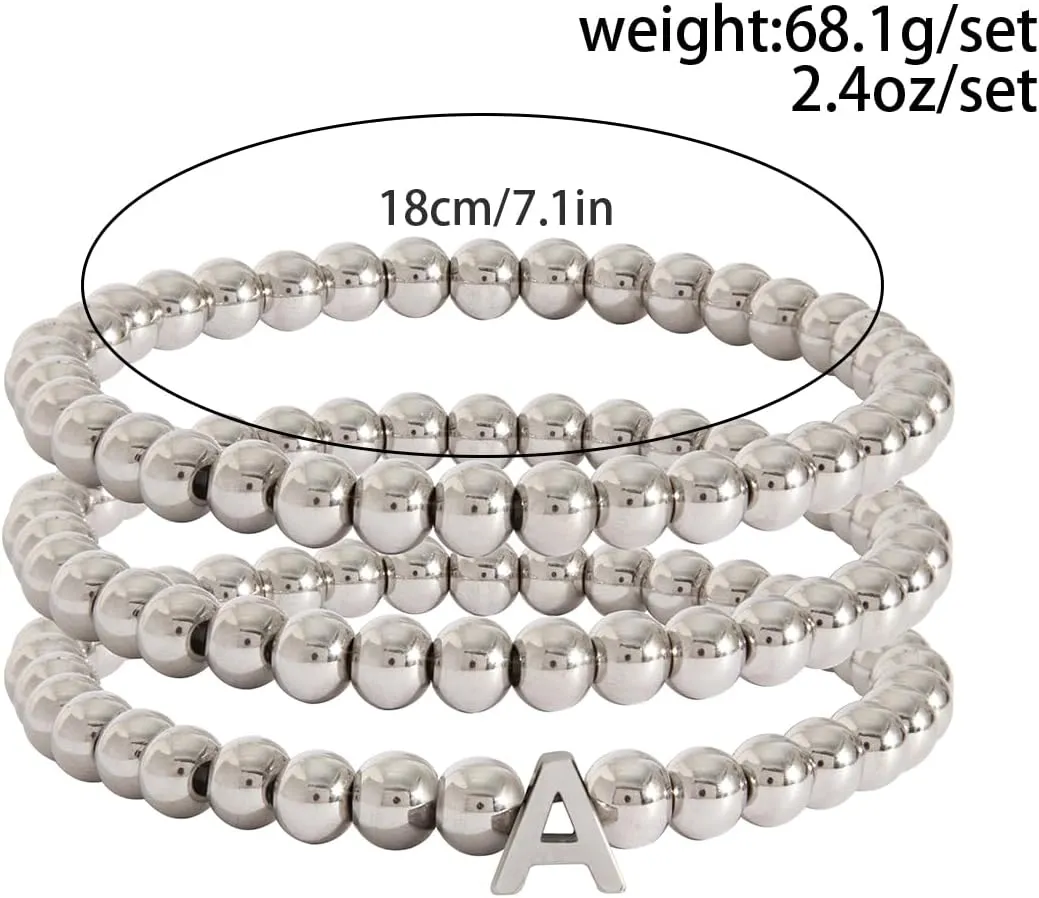 Silver Initial Cute A-Z Stretch Bead Stackable Bracelet with Letter Jewelry for women