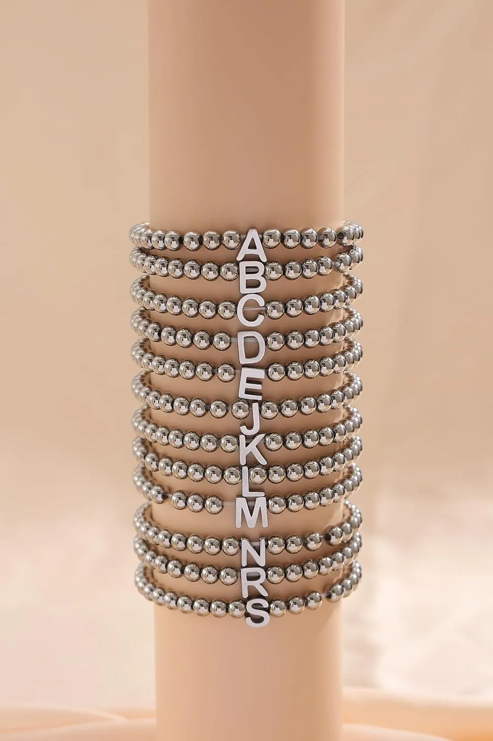 Silver Initial Cute A-Z Stretch Bead Stackable Bracelet with Letter Jewelry for women