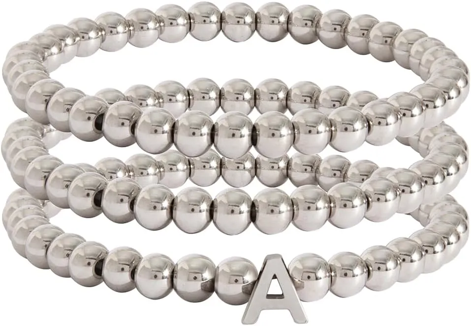 Silver Initial Cute A-Z Stretch Bead Stackable Bracelet with Letter Jewelry for women