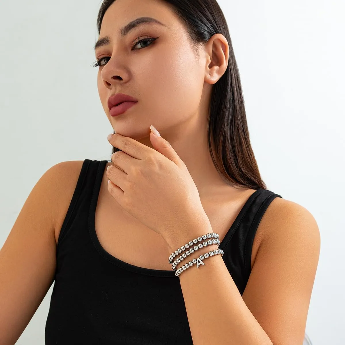 Silver Initial Cute A-Z Stretch Bead Stackable Bracelet with Letter Jewelry for women