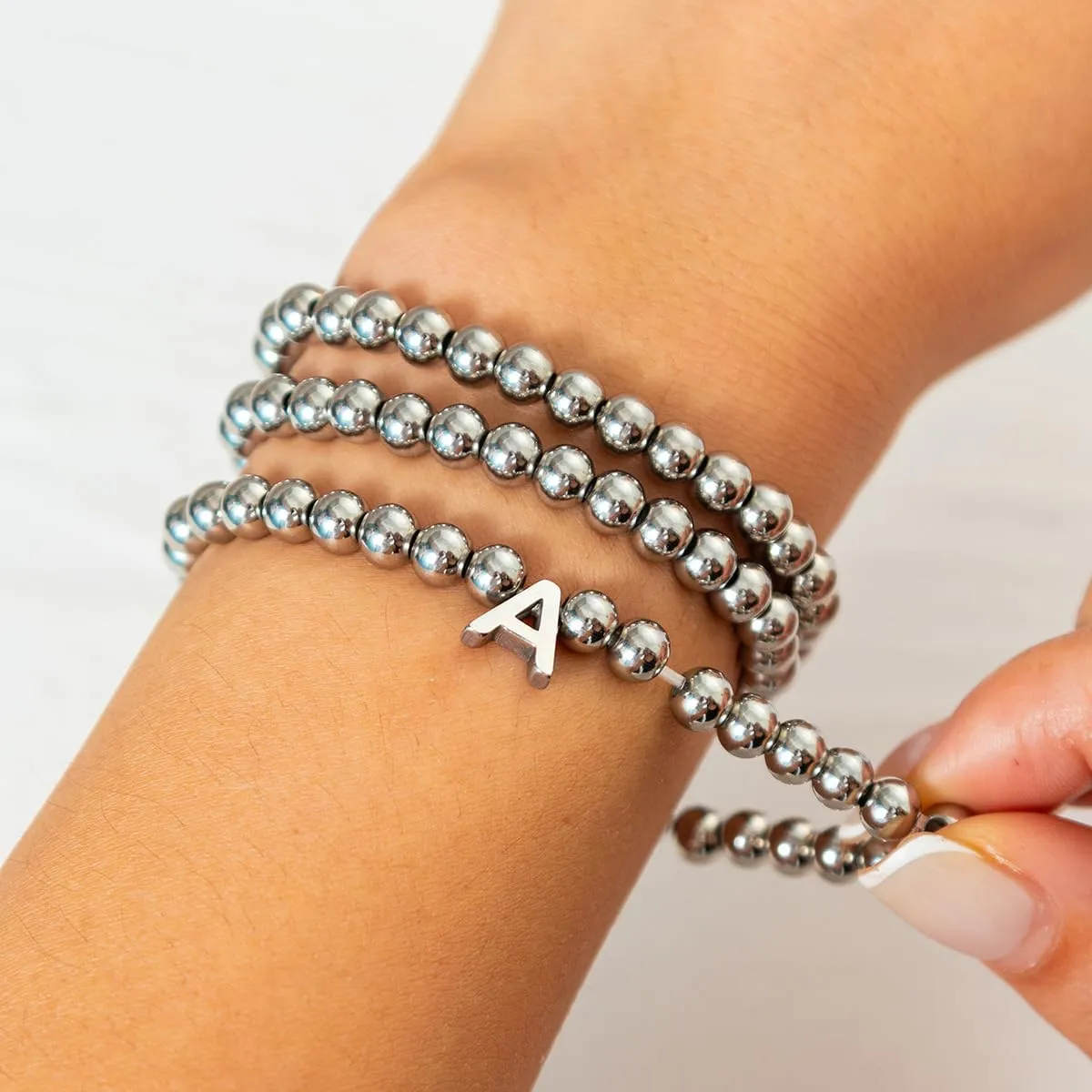 Silver Initial Cute A-Z Stretch Bead Stackable Bracelet with Letter Jewelry for women