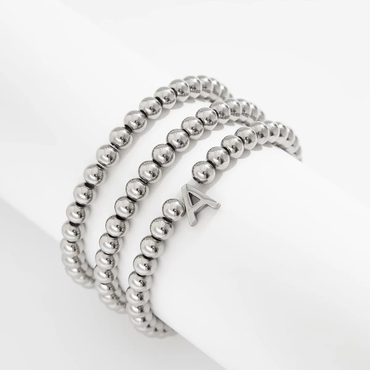 Silver Initial Cute A-Z Stretch Bead Stackable Bracelet with Letter Jewelry for women