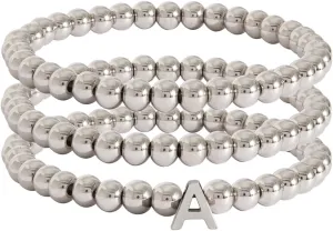 Silver Initial Cute A-Z Stretch Bead Stackable Bracelet with Letter Jewelry for women