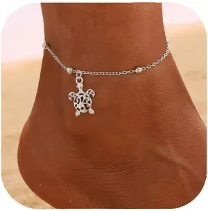 Silver Sea Turtle Ankle Bracelet for Women Adjustable Chain Sea Turtle Sun Anklets Summer Beach Ankles Waterproof Jewelry for Women