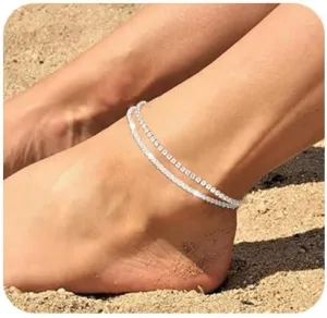 Silver Stacked Ankle Bracelets for Women Adjustable Dainty Layered Waterproof Anklets Cute Womens Anklet Set Sparkly Chain Rhinestone Anklets Plus Size Beach Feet Jewelry Gift Non Tarnish
