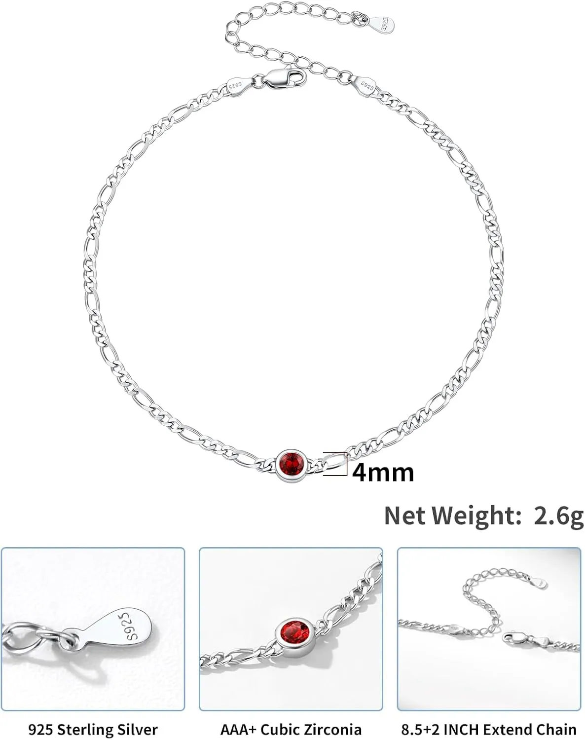 SILVERCUTE Figaro Anklets for Women, Sterling Silver Chain Ankle Bracelet with Heart/Round Birthstones, Length 8.5"-10.5"