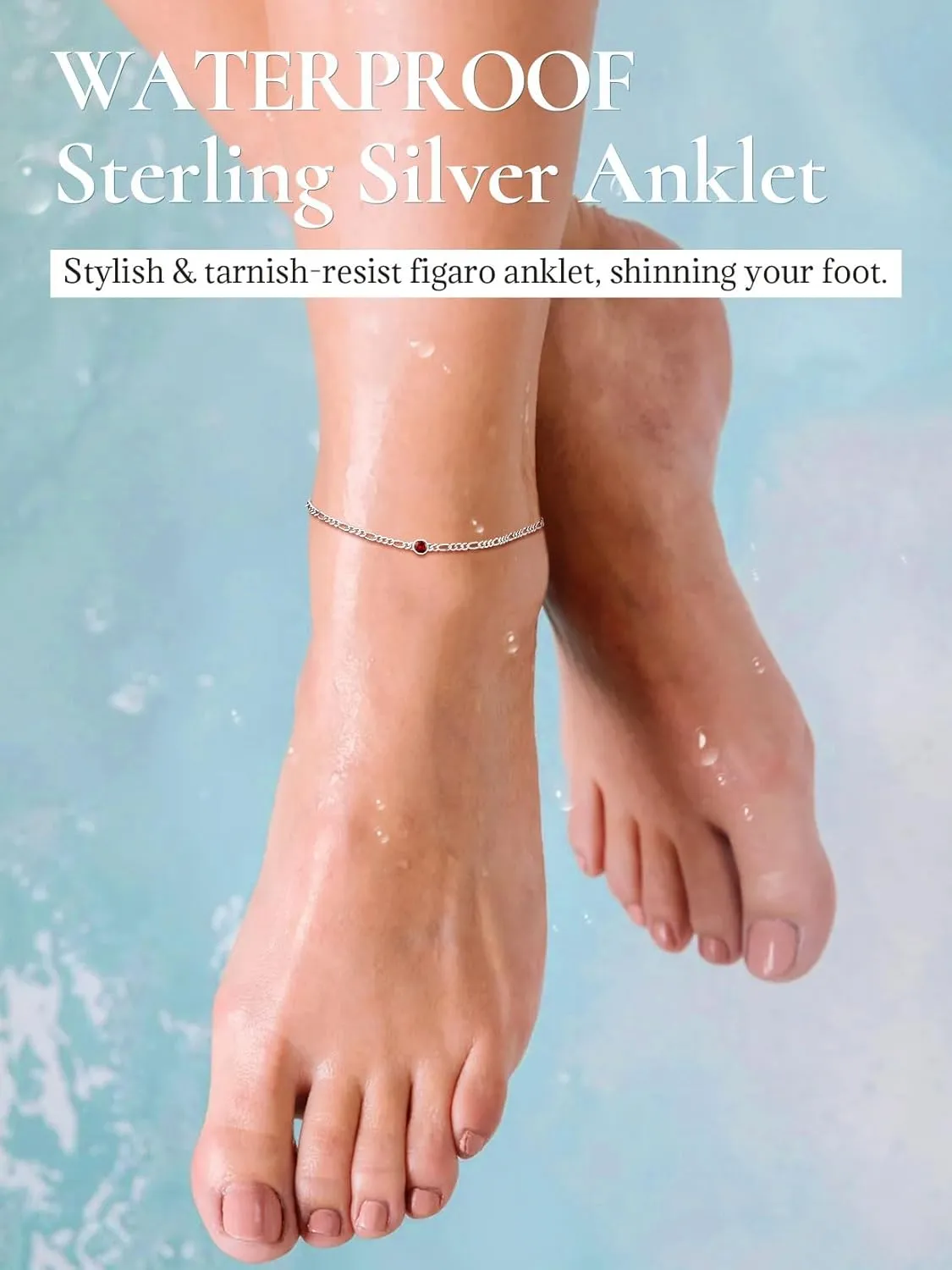 SILVERCUTE Figaro Anklets for Women, Sterling Silver Chain Ankle Bracelet with Heart/Round Birthstones, Length 8.5"-10.5"