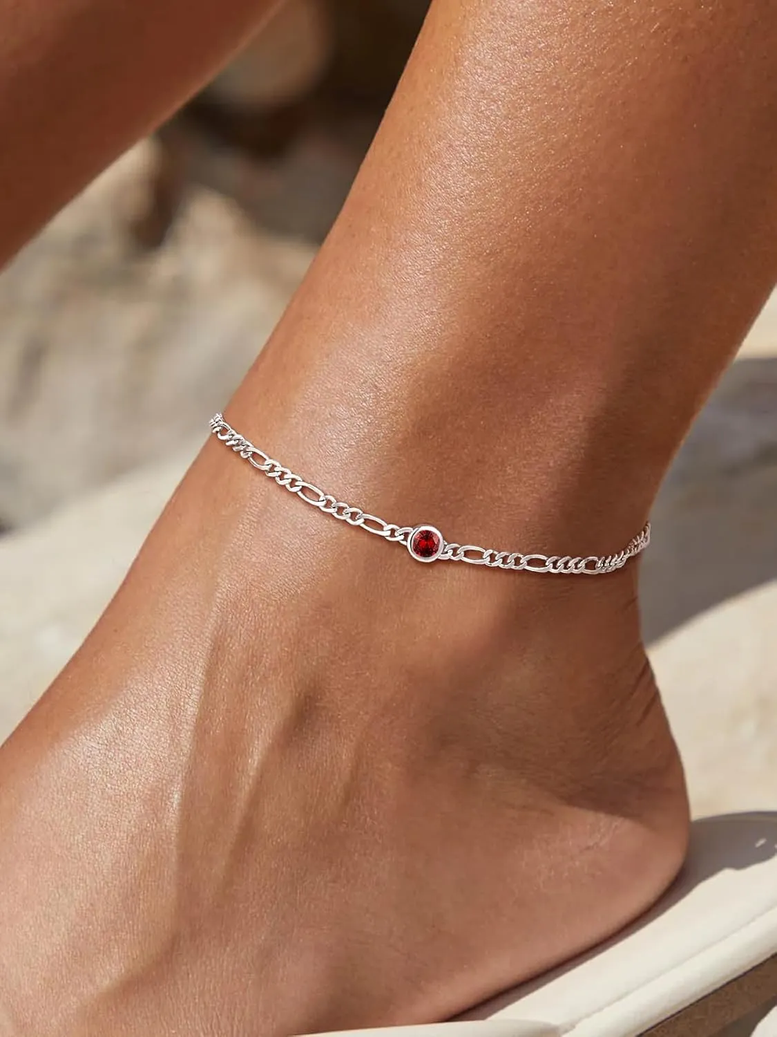 SILVERCUTE Figaro Anklets for Women, Sterling Silver Chain Ankle Bracelet with Heart/Round Birthstones, Length 8.5"-10.5"