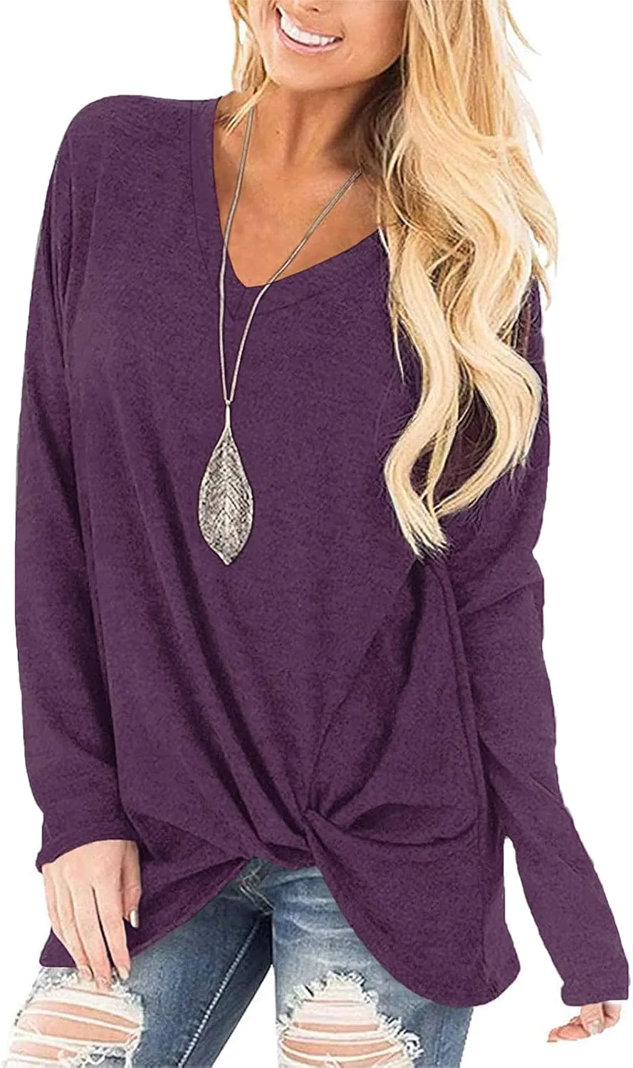 SimpleFun Womens Tops Long Sleeve Shirts V Neck Loose Fit Twist Knotted Fall Tunic Sweaters Blouses