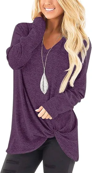 SimpleFun Womens Tops Long Sleeve Shirts V Neck Loose Fit Twist Knotted Fall Tunic Sweaters Blouses
