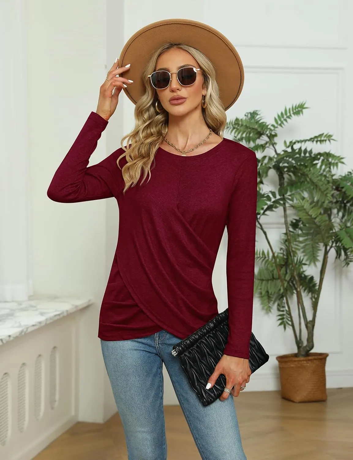 SimpleFun Womens Tops Long Sleeve Shirts V Neck Loose Fit Twist Knotted Fall Tunic Sweaters Blouses
