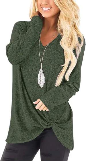 SimpleFun Womens Tops Long Sleeve Shirts V Neck Loose Fit Twist Knotted Fall Tunic Sweaters Blouses