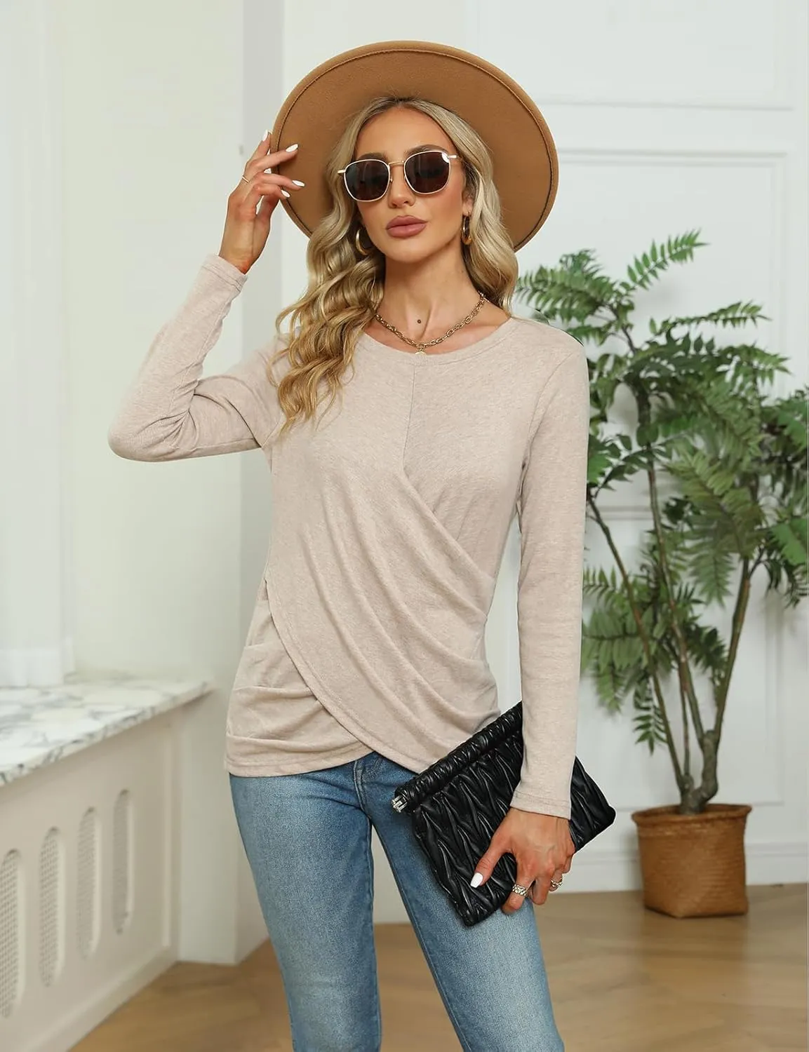SimpleFun Womens Tops Long Sleeve Shirts V Neck Loose Fit Twist Knotted Fall Tunic Sweaters Blouses
