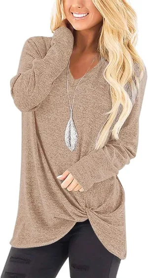 SimpleFun Womens Tops Long Sleeve Shirts V Neck Loose Fit Twist Knotted Fall Tunic Sweaters Blouses