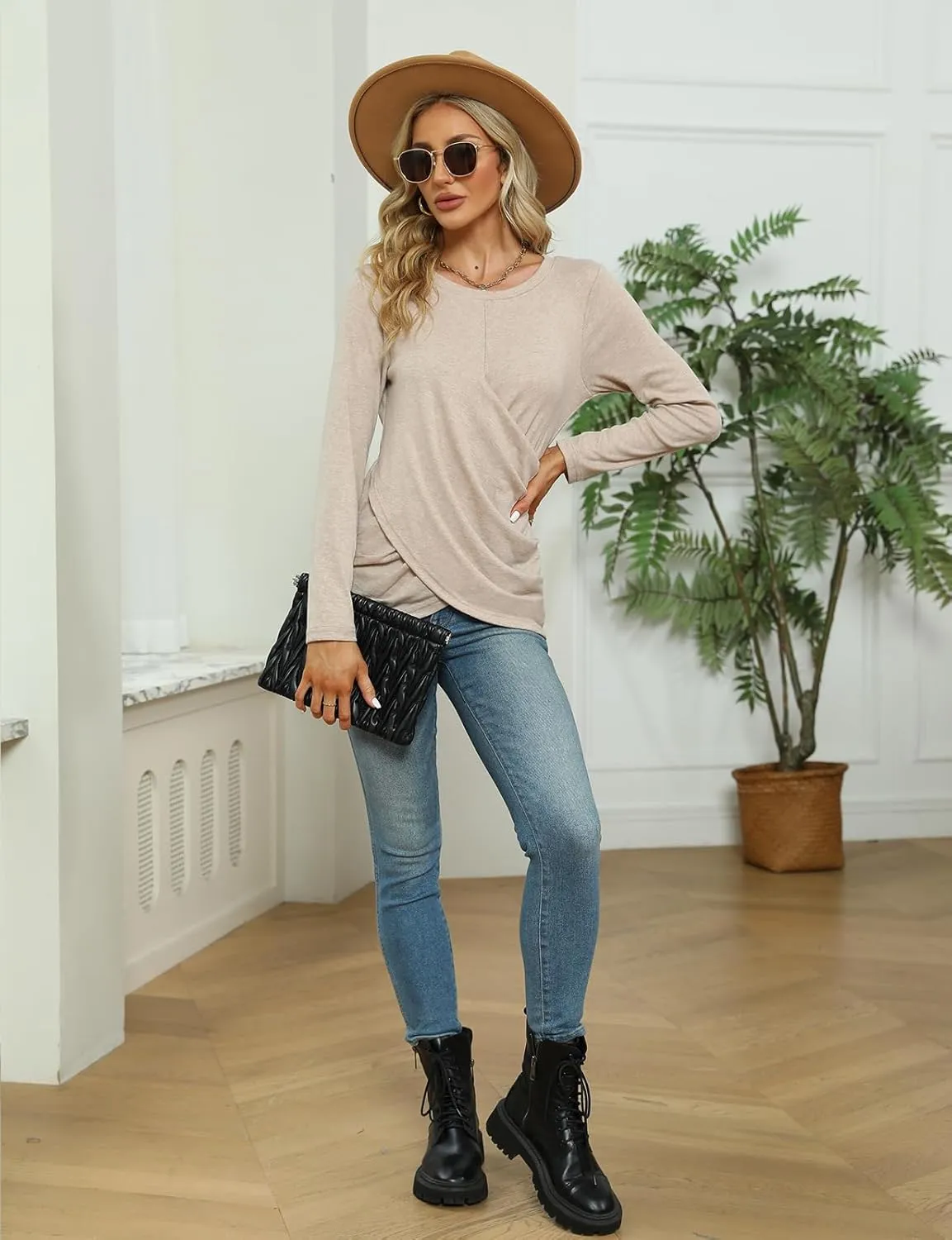 SimpleFun Womens Tops Long Sleeve Shirts V Neck Loose Fit Twist Knotted Fall Tunic Sweaters Blouses