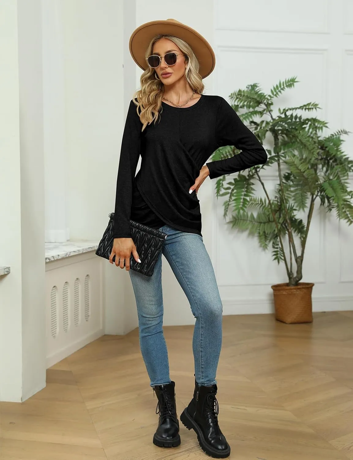 SimpleFun Womens Tops Long Sleeve Shirts V Neck Loose Fit Twist Knotted Fall Tunic Sweaters Blouses