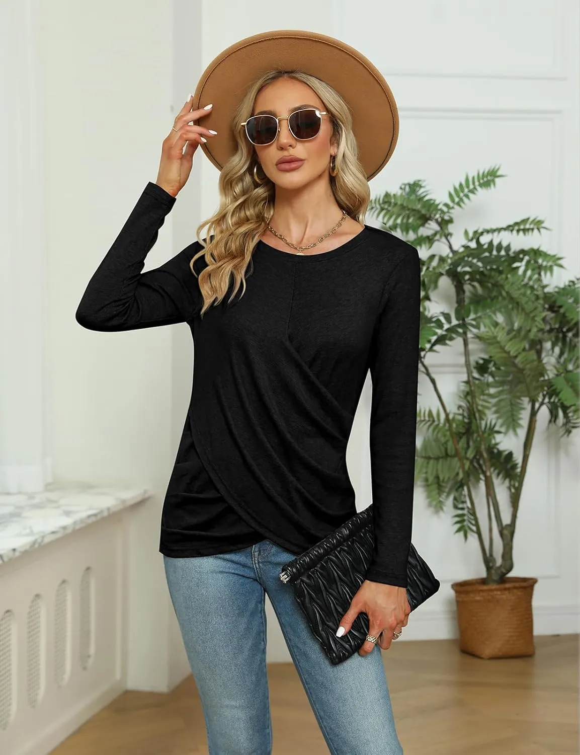 SimpleFun Womens Tops Long Sleeve Shirts V Neck Loose Fit Twist Knotted Fall Tunic Sweaters Blouses