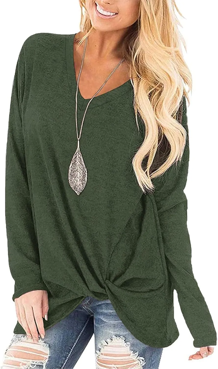SimpleFun Womens Tops Long Sleeve Shirts V Neck Loose Fit Twist Knotted Fall Tunic Sweaters Blouses