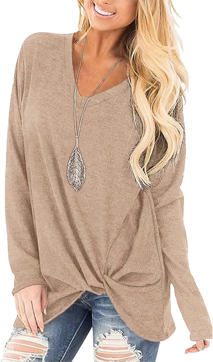 SimpleFun Womens Tops Long Sleeve Shirts V Neck Loose Fit Twist Knotted Fall Tunic Sweaters Blouses