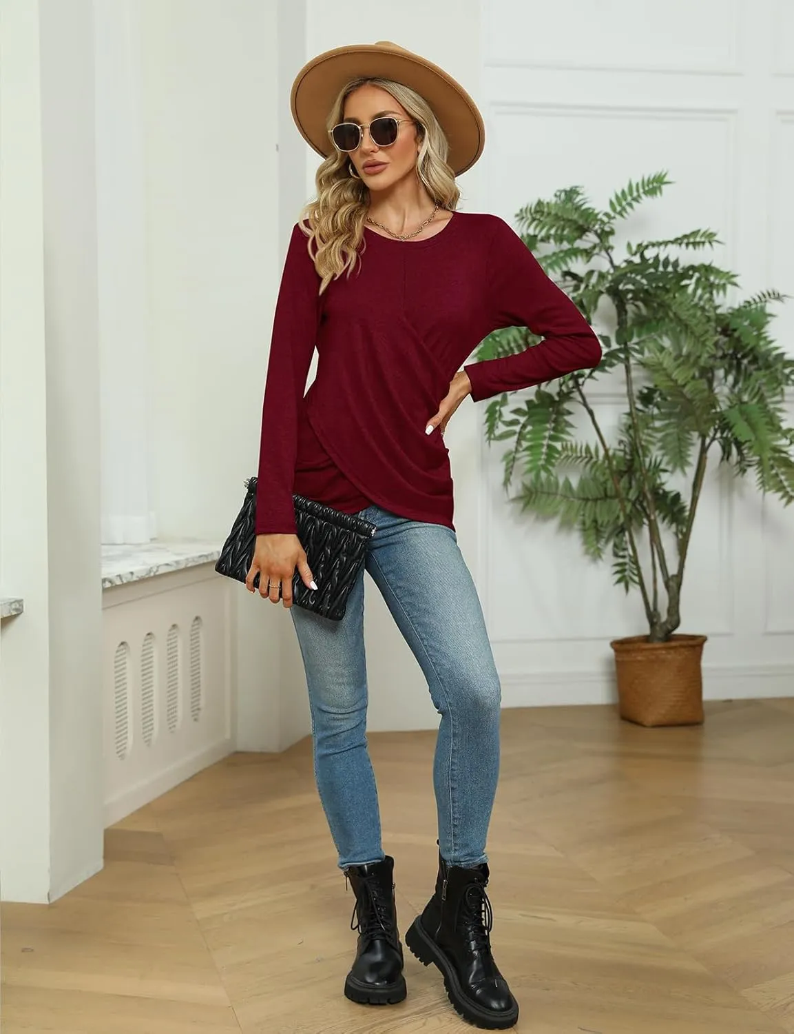 SimpleFun Womens Tops Long Sleeve Shirts V Neck Loose Fit Twist Knotted Fall Tunic Sweaters Blouses