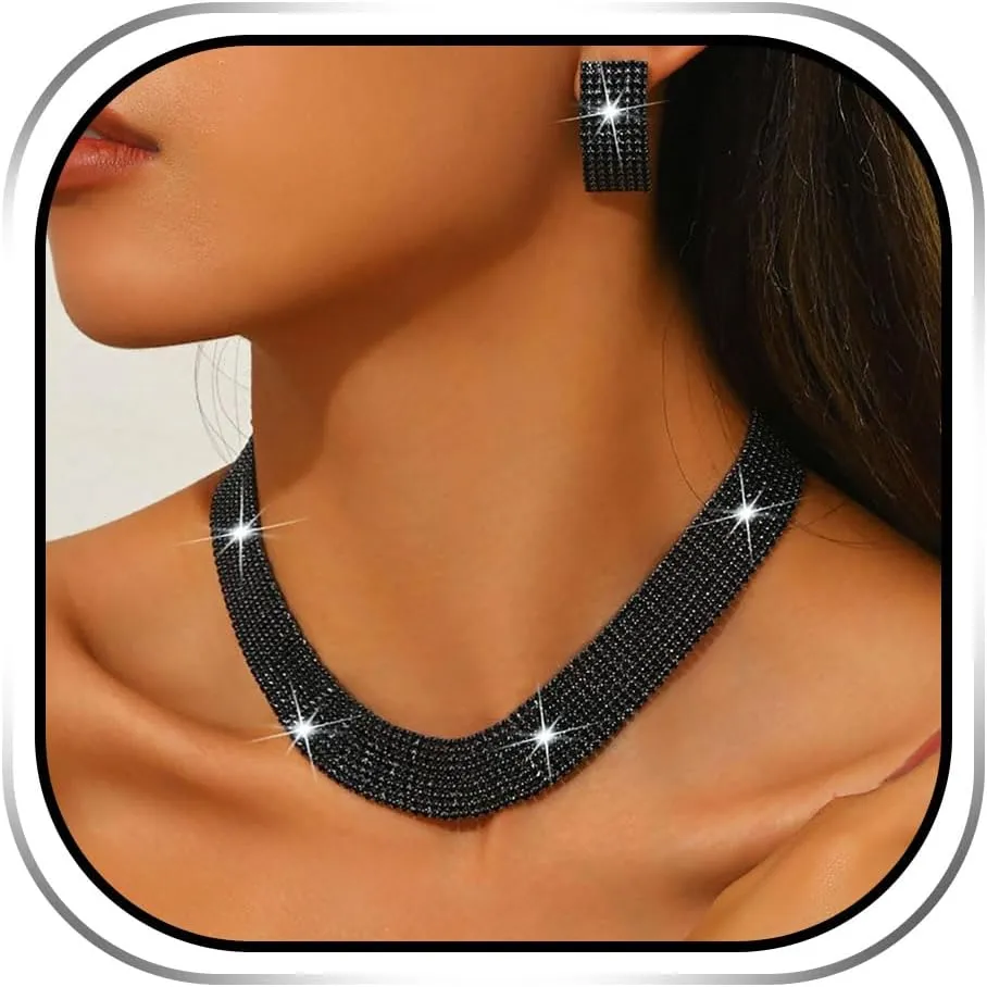 Sixexey Black Jewelry Set Rhinestone Jewelry Bridal Wedding Prom Costume Necklace Jewelry Accessories for women