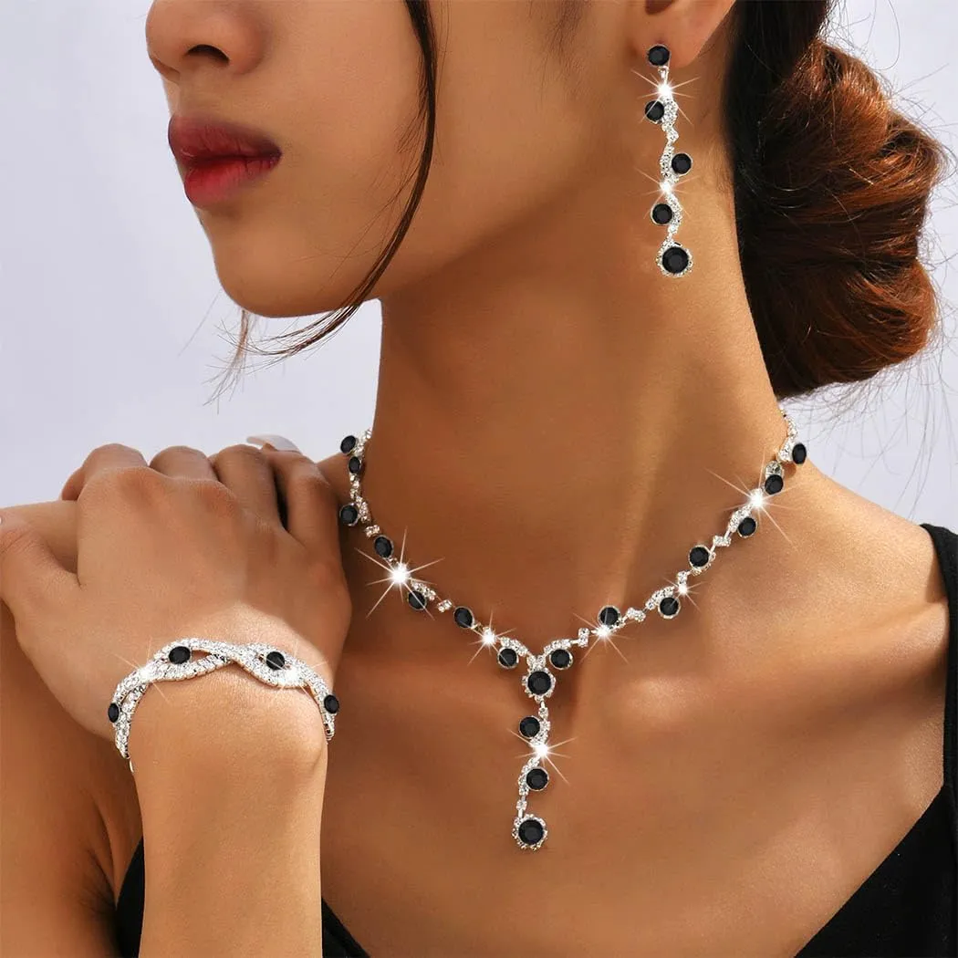 Sixexey Rhinestone Prom Jewelry Set Silver Jewelry Bridal Wedding Necklace Jewelry for Women