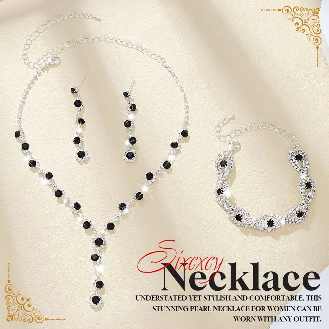 Sixexey Rhinestone Prom Jewelry Set Silver Jewelry Bridal Wedding Necklace Jewelry for Women