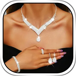 Sixexey Wedding Jewelry Set Silver Rhinestone Jewelry Bridal Prom Jewelry Necklace Set for Women