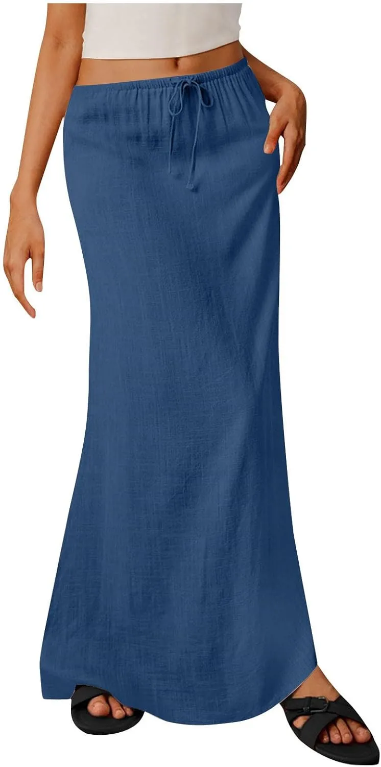 Skirt for Women Maxi Length Skorts Linen Slim Tunics Elastic Waist Basic Drawstring Casual Skort Women 2025 Y2K